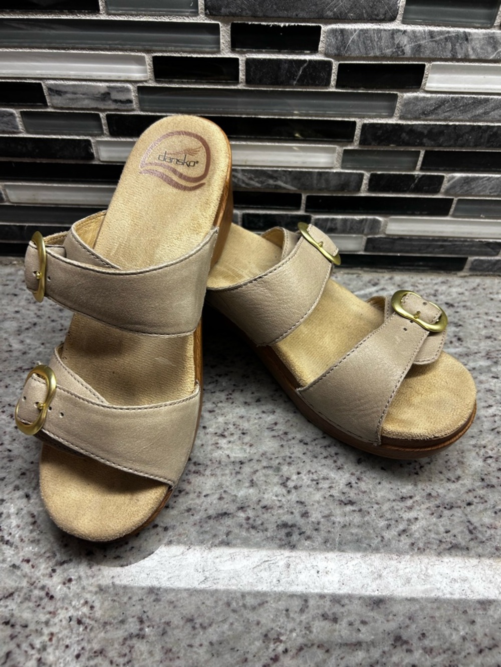 Dansko Beige Leather Double-Buckle Slide On wedge Sandal size 36=6